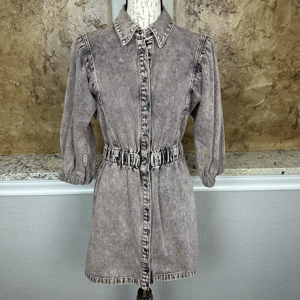 ALLSAINTS Osa Denim Mini Dress Women's 4 Pink Stonewash Snap‎ Up Puff Sleeve